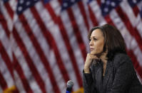 FILE - In this Oct. 2, 2019, file photo, then -Democratic presidential candidate Sen. Kamala Harris, D-Calif., listens during a gun safety forum in Las Vegas. Democratic presidential candidate former Vice President Joe Biden has chosen Harris as his running mate. (AP Photo/John Locher, File)