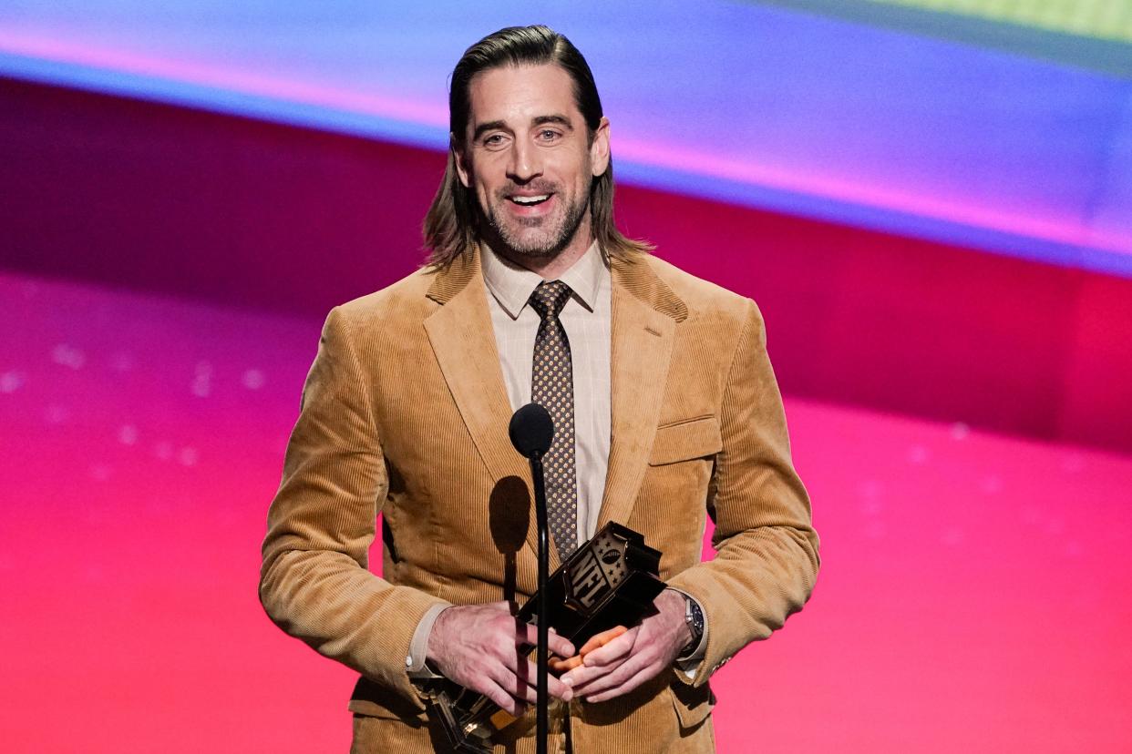 Aaron Rodgers of the Green Bay Packers receives the AP Most Valuable Player of the Year Award at the NFL Honors show Thursday, Feb. 10, 2022, in Inglewood, Calif. (AP Photo/Mark J. Terrill)