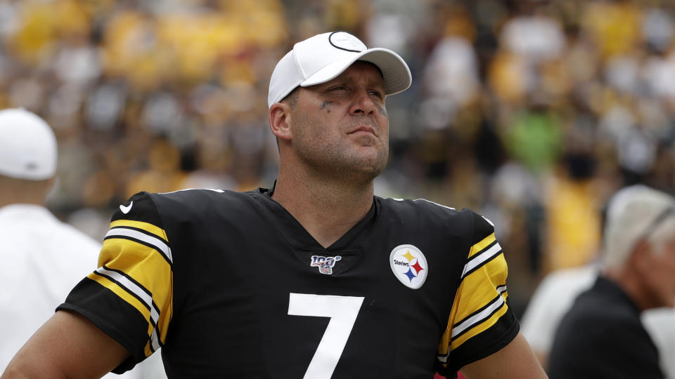 Pittsburgh Steelers quarterback Ben Roethlisberger (7) walks off the field as time runs out in a 28-26 loss to the Seattle Seahawks in an NFL football game in Pittsburgh, Sunday, Sept. 15, 2019. Roethlisberger did not play the second half of the game. (AP Photo/Gene J. Puskar)