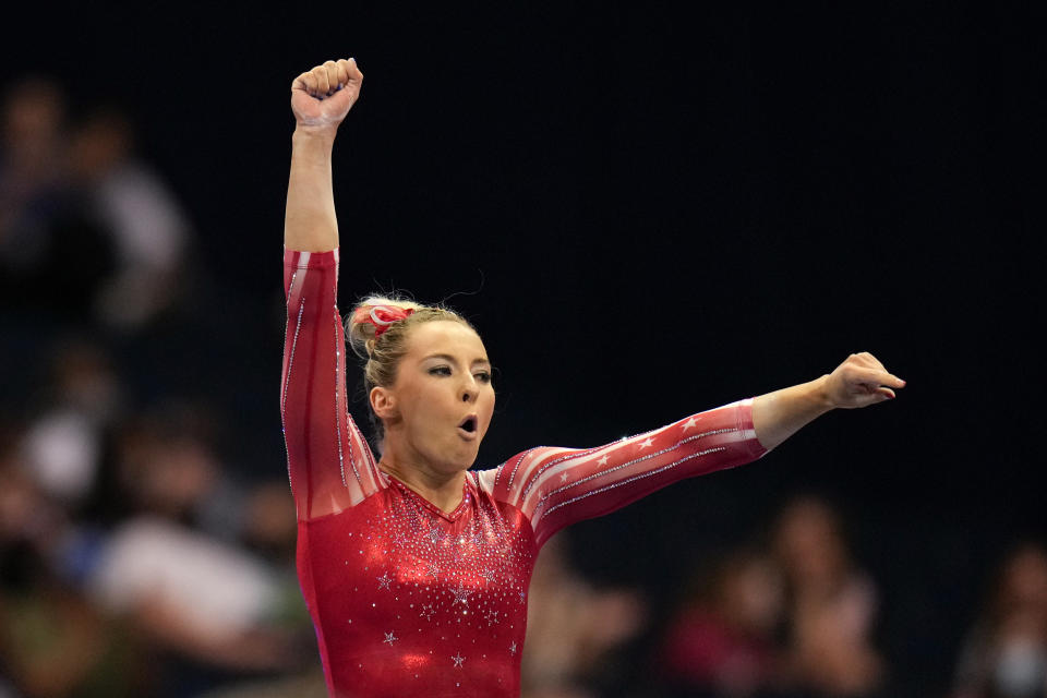 MyKayla Skinner celebrates her performance on the balance beam during the women's U.S. Olympic Gymnastics Trials Friday, June 25, 2021, in St. Louis. (AP Photo/Jeff Roberson)