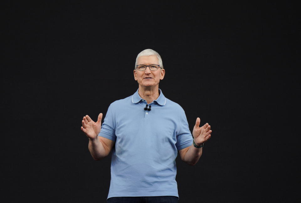 Apple CEO Tim Cook gestures at Apple's annual Worldwide Developers Conference at the company's headquarters in Cupertino, California, U.S. June 5, 2023. REUTERS/Loren Elliott