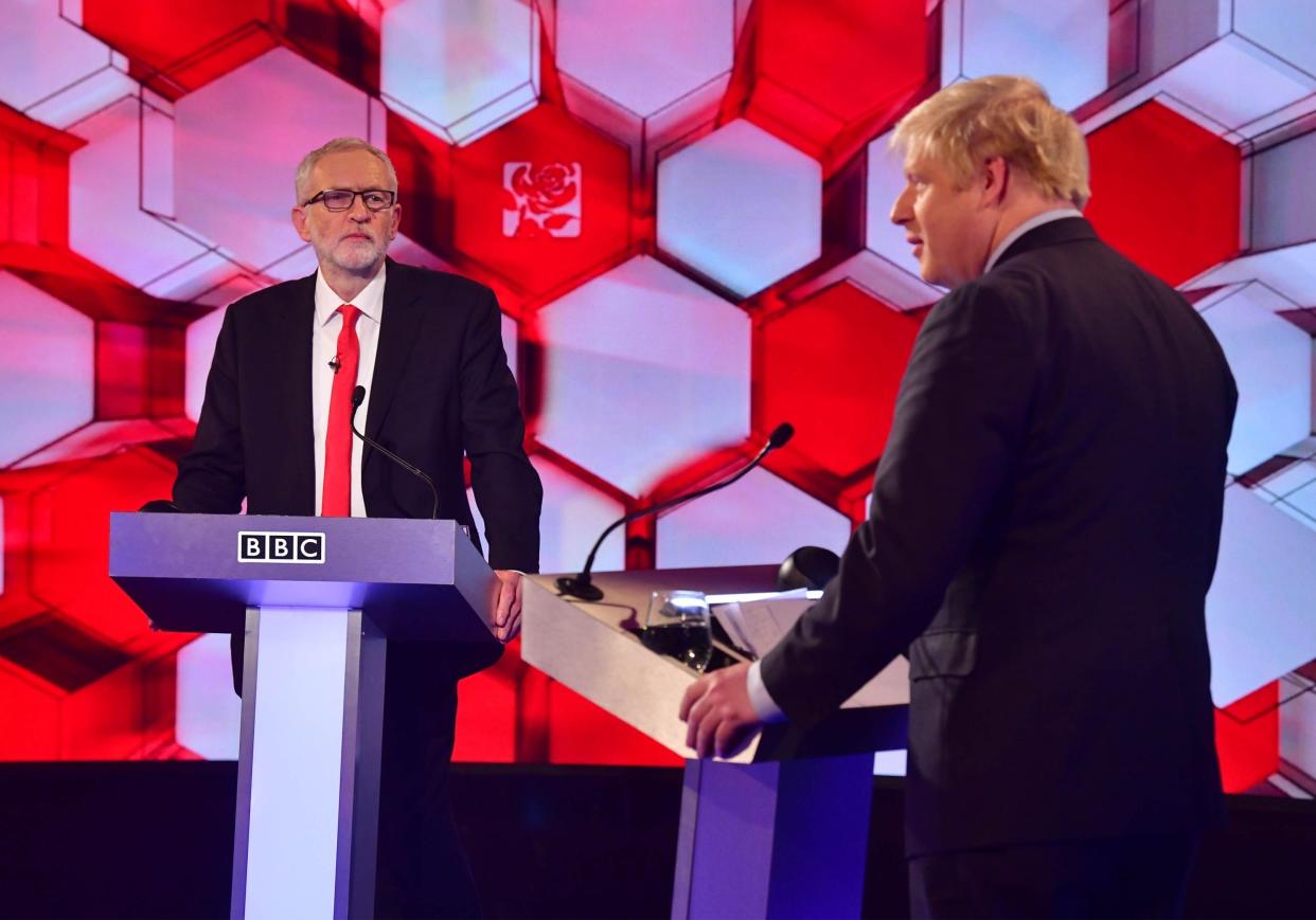 Prime Minister Boris Johnson and Labour Party leader Jeremy Corbyn go head to head in the BBC prime ministerial debate at Maidstone Studios: Getty Images