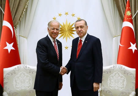 Turkish President Tayyip Erdogan (R) meets with U.S. Vice President Joe Biden at the Presidential Palace in Ankara, Turkey, August 24, 2016. Kayhan Ozer/Presidential Palace/Handout via