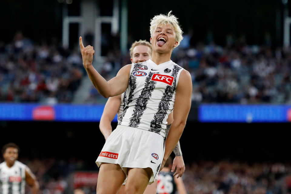 Jack Ginnivan, pictured here celebrating a goal during the Anzac Day clash between Collingwood and Essendon.