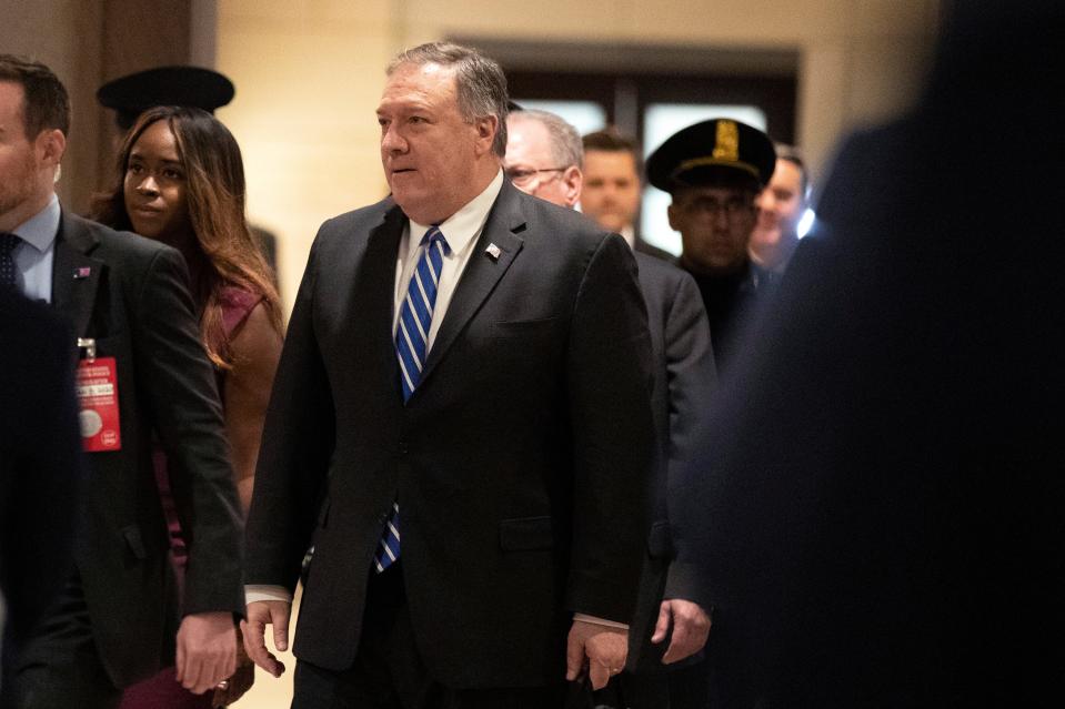 Secretary of State Mike Pompeo, arrives to conduct briefings for members of Congress on the targeted killing of Iran's senior military commander Gen. Qassem Soleimani, Wednesday, Jan. 8, 2020, on Capitol Hill in Washington.