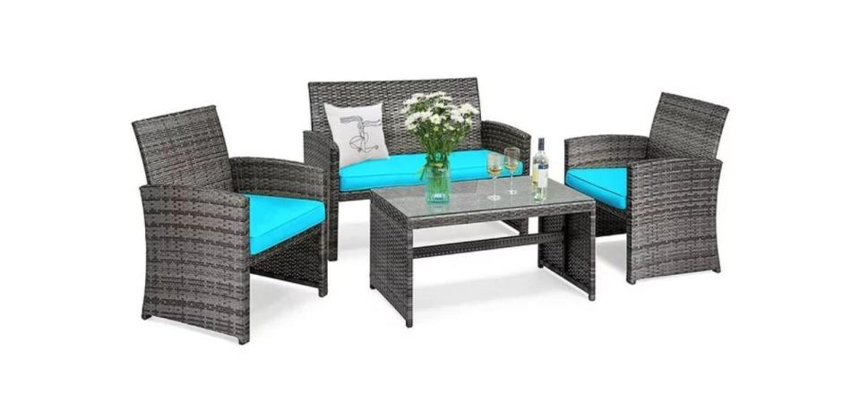 Costway 4PCS Patio Rattan Furniture Set in gray with turquoise cushions, on white background