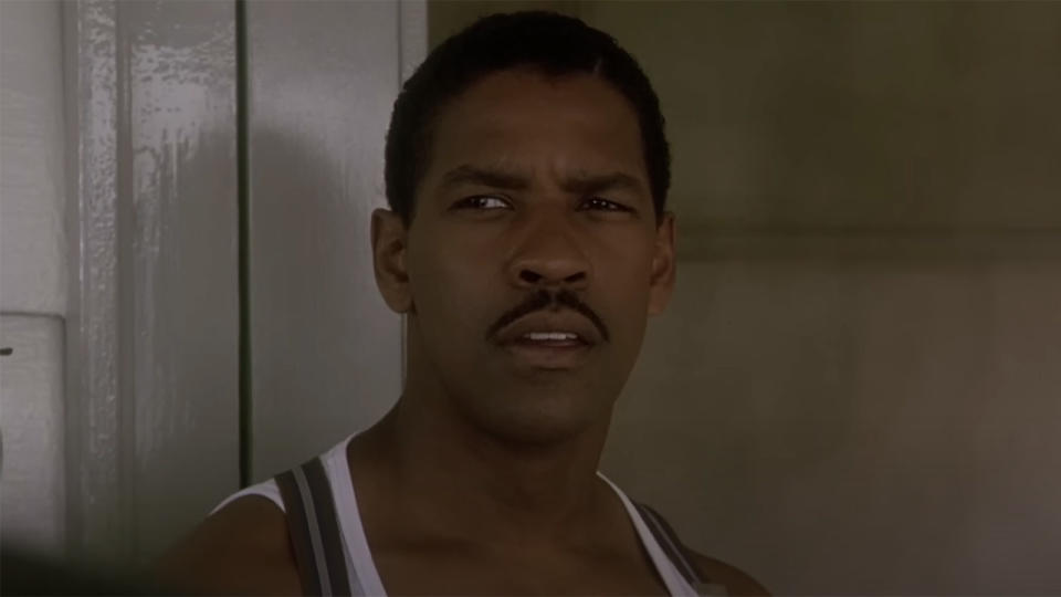 Denzel Washington sports mustache on porch in Devil in a Blue Dress.