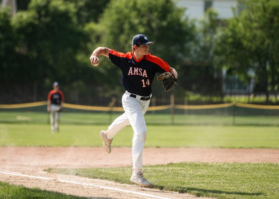 WORCESTER - AMSA 's Evan Scully makes a play from third during the game against Doherty on Wednesday, May 26, 2021. 