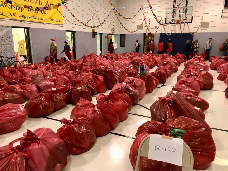 Bags of toys fill the Port Huron Salvation Army building for the annual distribution day on Wednesday, Dec. 22, 2021.