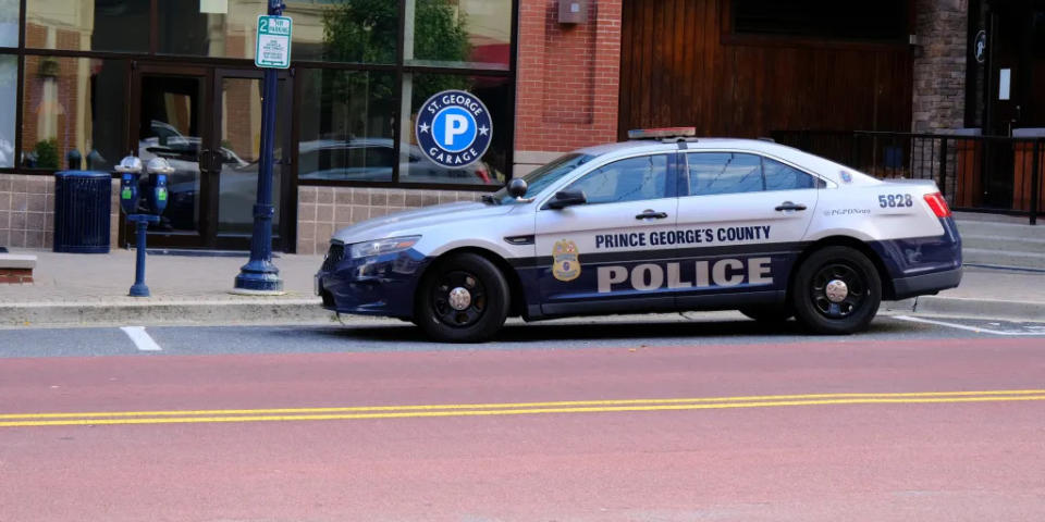 A Prince George's County Maryland Police Cruiser parked on the street at National Harbor police station. No other cars or people are visible. Roommates sue these police for death of dog.