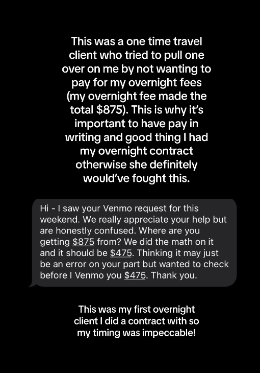 Summarized text: A client who tried to underpay for overnight fees is confronted, leading to the correct payment of $875 after some discussion