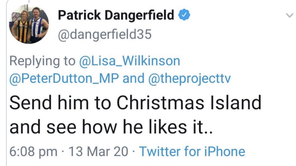 Patrick Dangerfield's since-deleted tweet about Peter Dutton, pictured here on Twitter.