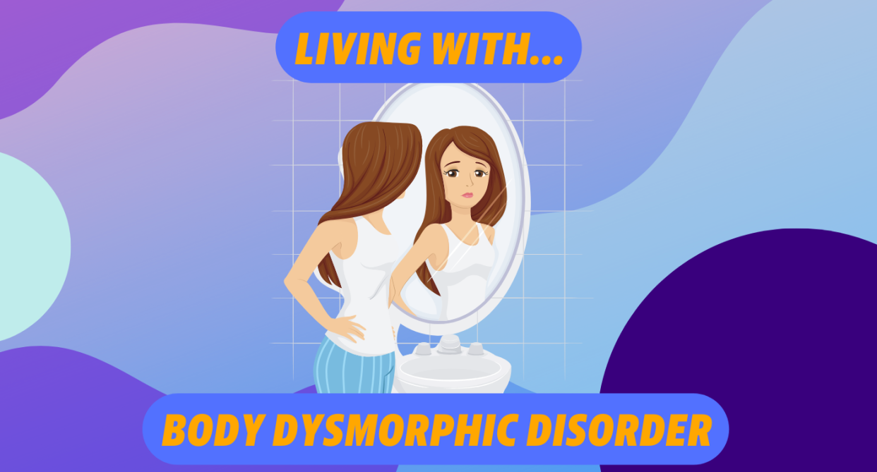 Graphic to represent body dysmorphia, girl looking sad while looking in mirror. (Yahoo Life UK)
