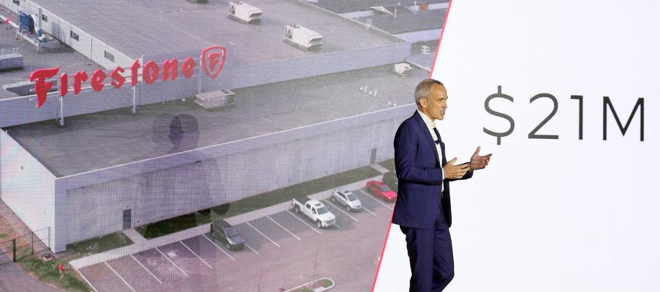 Bridgestone Americas President and CEO Paolo Ferrari speaks about the company's $21 million racing tire manufacturing facility during the grand opening ceremony for the Bridgestone Advanced Tire Production Center in Akron on Wednesday.
