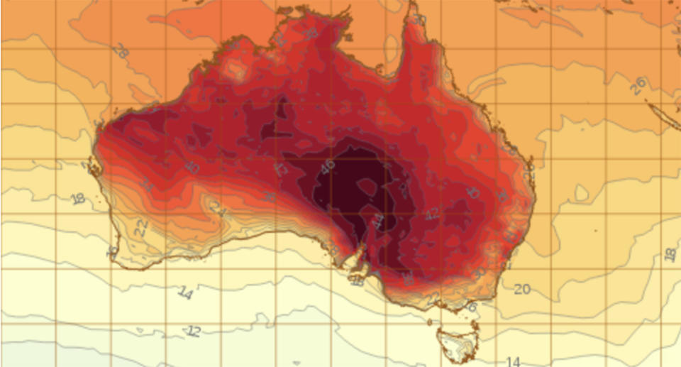 A Bureau of Meteorology map showing a dark red section which signifies the hottest part of the country.