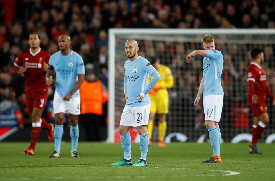 <p>Soccer Football – Champions League Quarter Final First Leg – Liverpool vs Manchester City – Anfield, Liverpool, Britain – April 4, 2018 Manchester City’s David Silva looks dejected after Liverpool’s Sadio Mane (not pictured) scored their third goal Action Images via Reuters/Carl Recine </p>