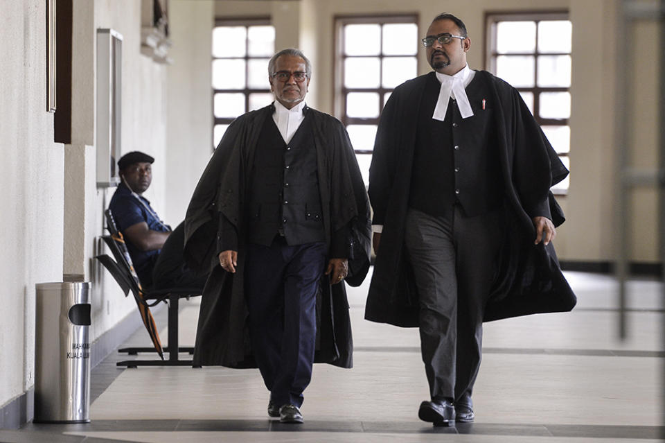 Datuk Seri Najib Razak’s defence lawyers, Tan Sri Muhammad Shafee Abdullah and Harvinderjit Singh, are seen at the Kuala Lumpur Courts Complex June 20, 2019. — Picture by Miera Zulyana