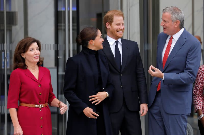 New York Governor Kathy Hochul and New York City Mayor Bill de Blasio stand with Britain's Prince Harry and Meghan, Duke and Duchess of Sussex, while visiting One World Trade Center in Manhattan, New York City