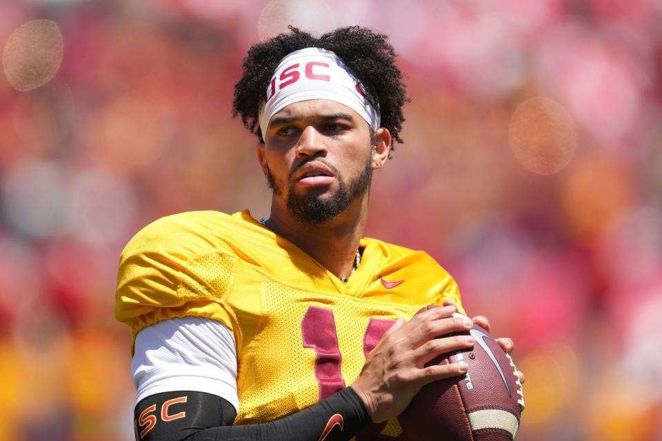 Southern California quarterback Caleb Williams throws the ball during the spring game at the Los Angeles Memorial Coliseum.