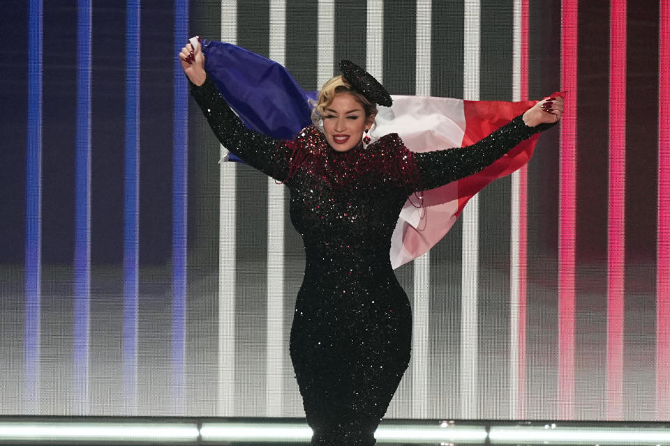 La Zarra of France during the flag ceremony before during the Grand Final of the Eurovision Song Contest in Liverpool, England, Saturday, May 13, 2023. (AP Photo/Martin Meissner)