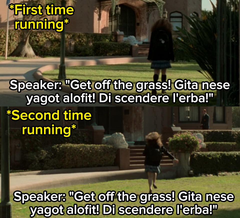 Mia runs across a lawn as someone tells her to get off the grass in multiple languages