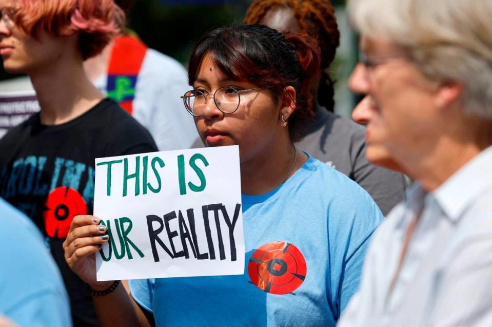 UNC freshman Dzidzielia Guerrero attends a protest against gun violence sponsored by March for Our Lives UNC-CH outside the Legislative Building in Raleigh, N.C., Tuesday, Sept. 12, 2023.