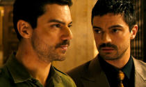 Dominic Cooper plays Uday Hussein and Latif Yahia in The Devil’s Double, the 2011 film about a former school companion of Saddam Hussein’s son who is violently coerced into becoming his body double. Actually a true story.