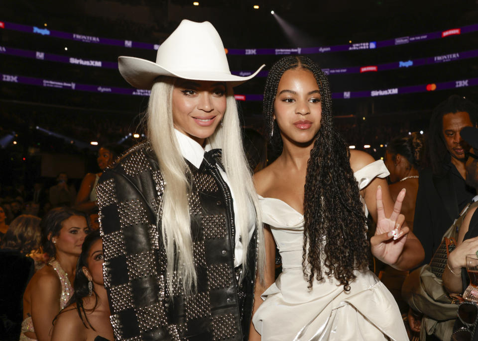 LOS ANGELES - FEBRUARY 4:  Beyoncé and Blue Ivy Carter behind the scenes at The 66th Annual Grammy Awards, airing live from Crypto.com Arena in Los Angeles, California, Sunday, Feb. 4 (8:00-11:30 PM, live ET/5:00-8:30 PM, live PT) on the CBS Television Network. (Photo by Francis Specker/CBS via Getty Images)