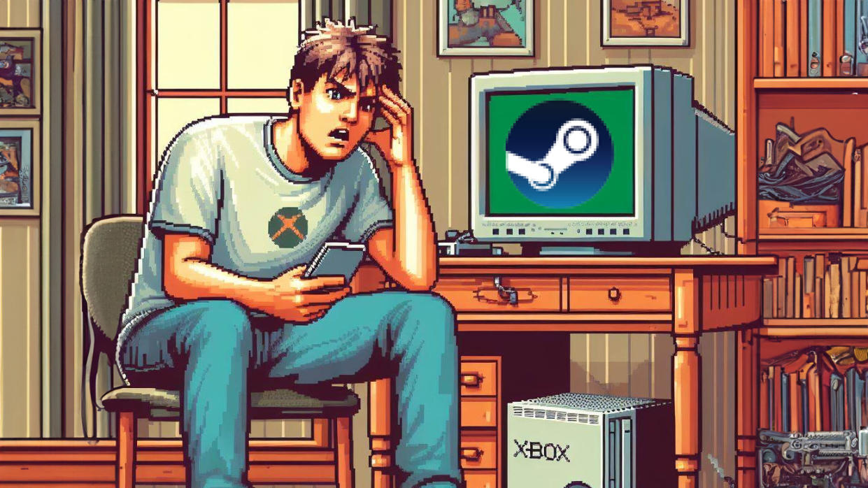  A man looks stressed out by his Steam-powered Xbox. 