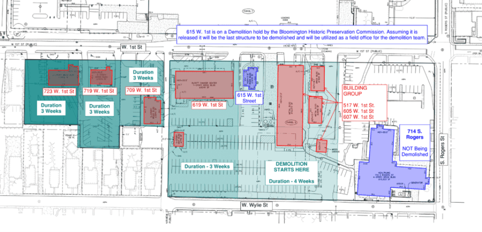 Construction crews hired by the city will begin demolishing buildings (in red) along First Street on Friday to make way for redevelopment.