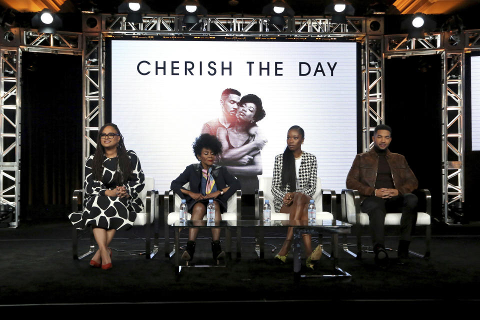 CORRECTS DAY OF WEEK AND DATE - Ava DuVernay, from left, Cicely Tyson, Xosha Roquemore and Alano Miller appear at the OWN: Oprah Winfrey Network's "Cherish the Day" during the Discovery Network TCA 2020 Winter Press Tour at the Langham Huntington on Thursday, Jan. 16, 2020, in Pasadena, Calif. (Photo by Willy Sanjuan/Invision/AP)