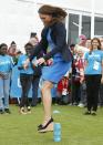 <p>While not exactly dressed for jumping, the Duchess looked quite chic playing Three Tins, a traditional South African game. Kate joined in the fun at the Commonwealth Games Village in Glasgow, Scotland. </p>