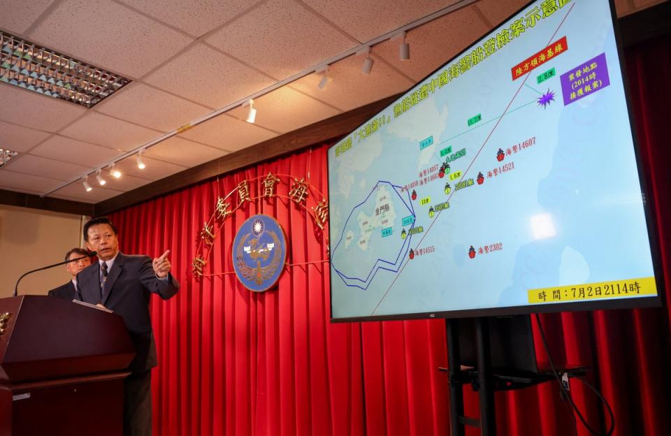 Taiwan Coast Guard Administration official Ching-Chin Hsieh explains the case of a fishing boat seized by China’s coast guard during a news conference in Taipei (AFP via Getty)