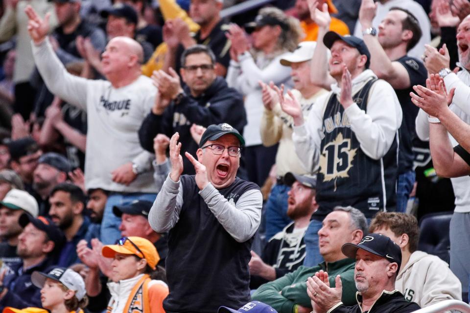 Purdue fans cheer for a play against Tennessee during the second half of the NCAA tournament Midwest Regional Elite 8 round at Little Caesars Arena in Detroit on Sunday, March 31, 2024.