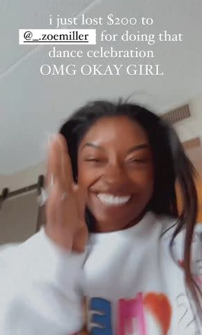 <p>Simone Biles/Instagram</p> Biles lost $200 to Miller in a bet over her doing a dance celebration