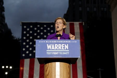 U.S. Senator and democratic presidential candidate Elizabeth Warren speaks at Washington Square Park in New York