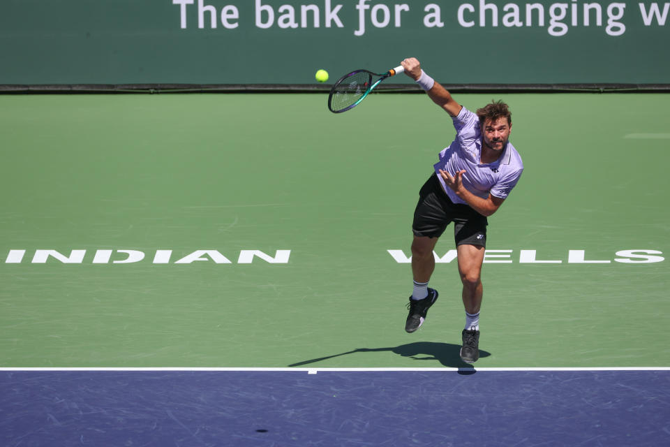 Stan Wawrinka serves at Indian Wells.