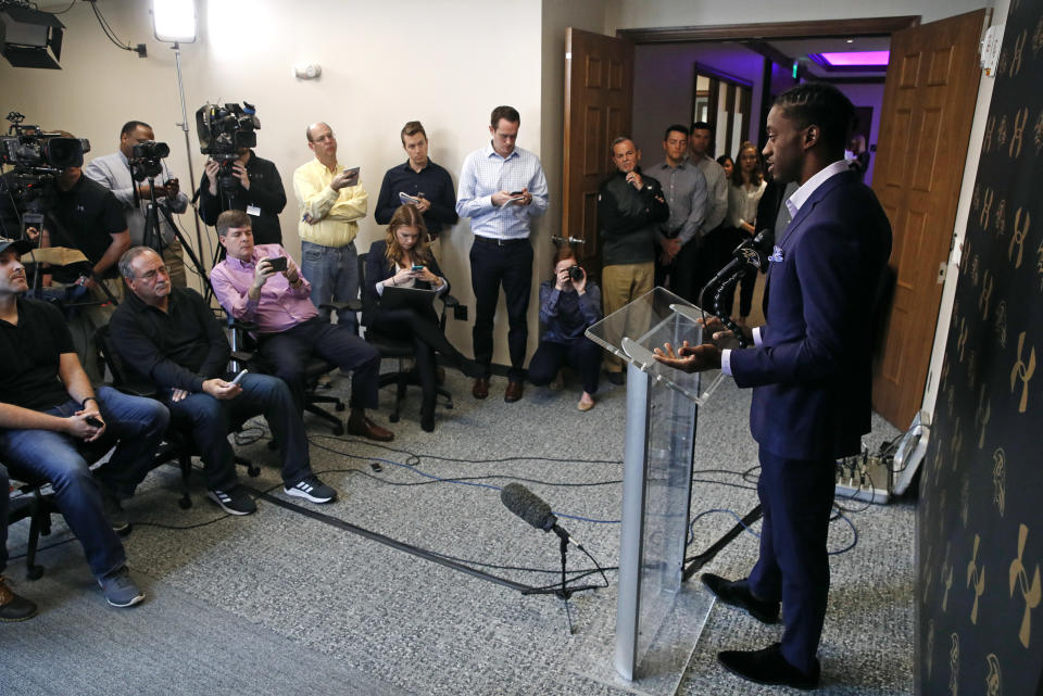 Robert Griffin III speaks at Ravens HQ in Maryland in April. (AP)