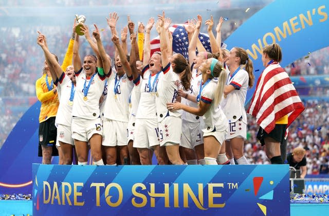 USA’s Megan Rapinoe (centre) and team-mates celebrate their 2019 World Cup final victory over the Netherlands