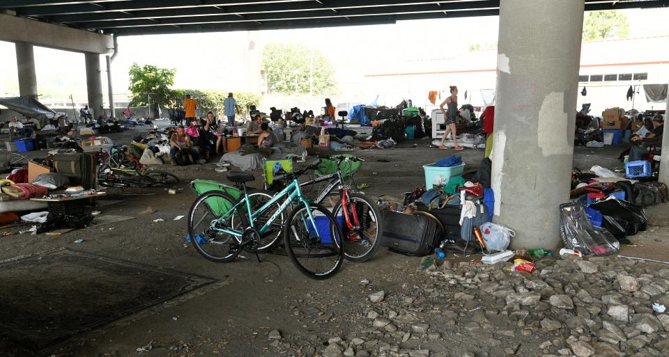 Many homeless people living under the Broadway viaduct under Interstate 40 on Aug. 28, 2018.