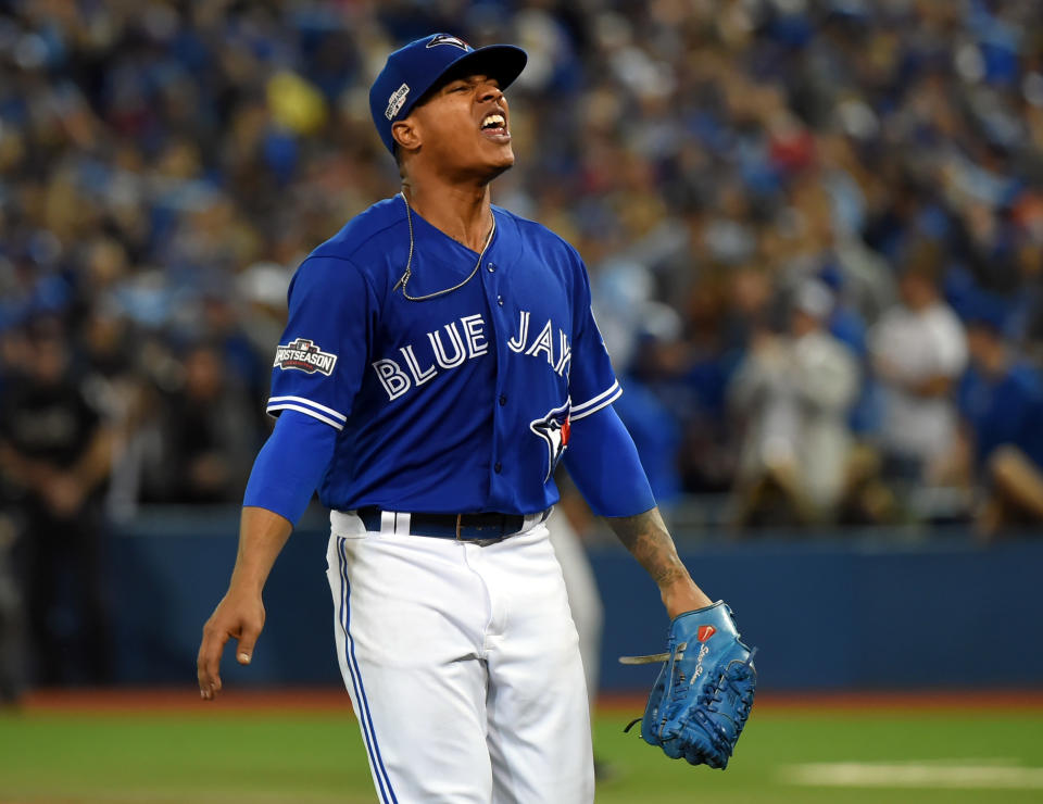 Oct 4, 2016; Toronto, Ontario, CAN; Toronto Blue Jays starting pitcher Marcus Stroman (6) reacts after the sixth inning against the Baltimore Orioles in the American League wild card playoff baseball game at Rogers Centre. Mandatory Credit: Dan Hamilton-USA TODAY Sports