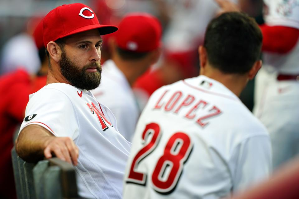 Reds pitcher Tejay Antone, left, will miss the start of the 2023 season because of a flexor strain in his right forearm.