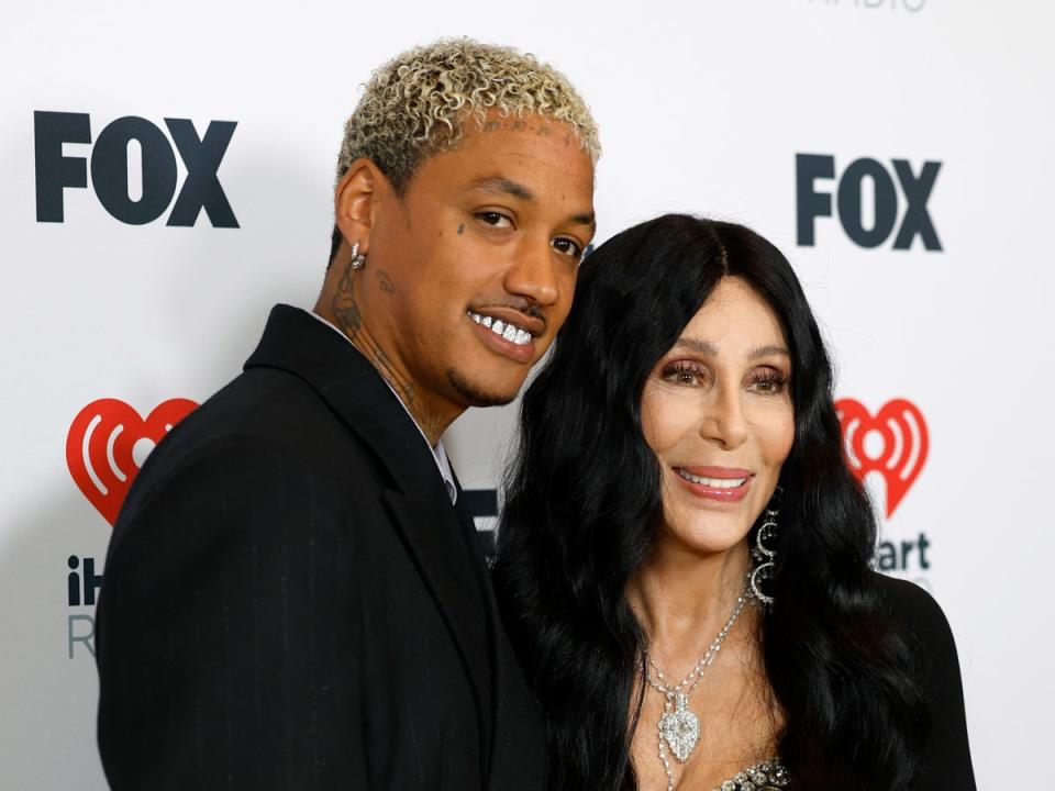 Alexander “AE” Edwards and Cher pose in the press room during the 2024 iHeartRadio Music Awards at Dolby Theatre on 1 April 2024 in Hollywood, California (Getty Images) (Getty Images)