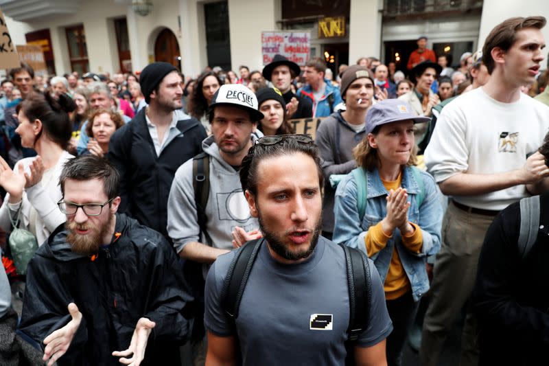 Students attend a protest against threats to academic freedom in Budapest