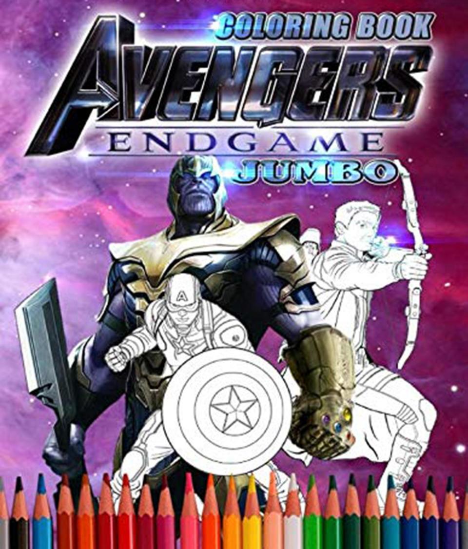 <b>Buy It! </b>Avengers Endgame Jumbo Coloring Book: Marvel Avengers Coloring Book, $6.99; <a href="https://www.amazon.com/Avengers-GAME-JUMBO-Coloring-Book/dp/109347758X/ref=as_li_ss_tl?ie=UTF8&linkCode=ll1&tag=ewavengersendgamegearawarner419-20&linkId=100a0ae0d7943954ba64eec7054f976d&language=en_US" rel="nofollow noopener" target="_blank" data-ylk="slk:amazon.com;elm:context_link;itc:0;sec:content-canvas" class="link ">amazon.com</a>