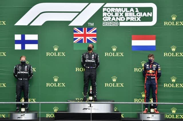 Valtteri Bottas, left, was second behind Hamilton with Max Verstappen taking third place