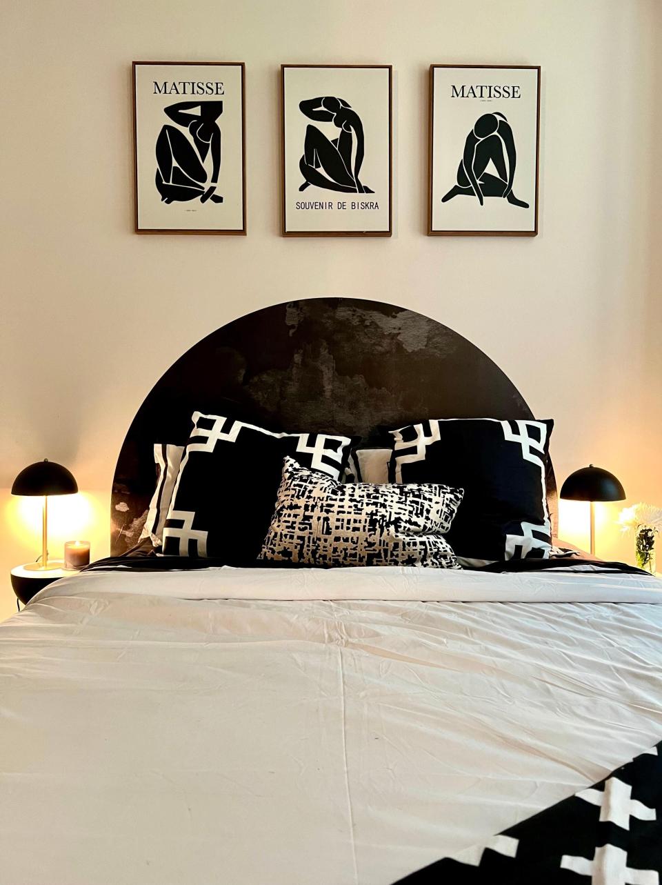 A view of the bed in a studio apartment redesigned by Clare Sullivan.