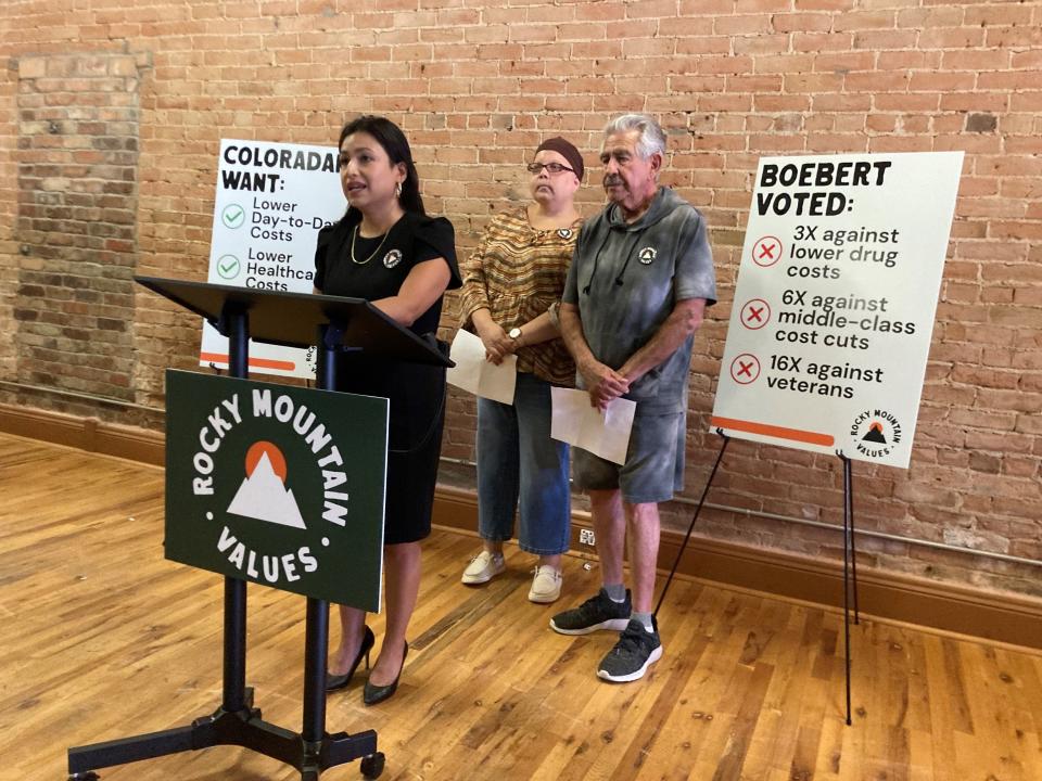 Sol Sandoval speaks at the launch event of an anti-Boebert campaign by Rocky Mountain Values in downtown Pueblo on June 1, 2023. Jamie Vigil and Jerry Solano also spoke at the event.