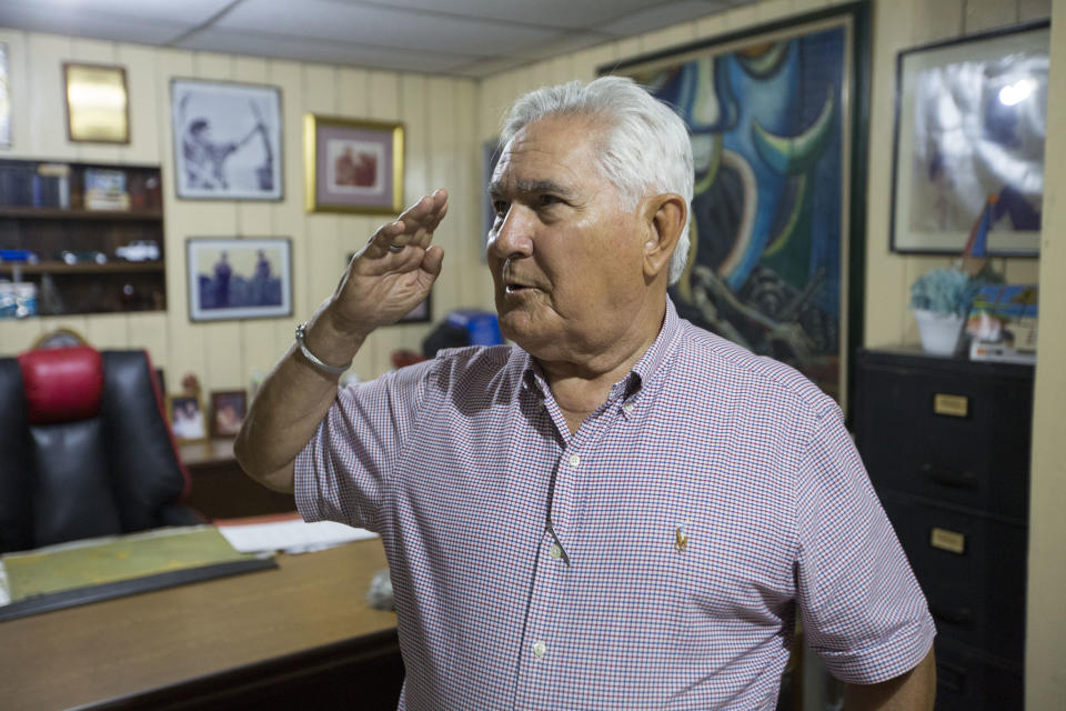 FILE - In this May 3, 2018 file photo, Eden Pastora, better known as "Commander Zero," speaks during an interview at his house in Managua, Nicaragua. Pastora, one of the most mercurial, charismatic figures of Central America’s revolutionary upheavals, has died. His son Alvaro Pastora said Tuesday, June 16, 2020 that he died at Managua’s Military Hospital of respiratory failure. (AP Photo/Moises Castillo, File)