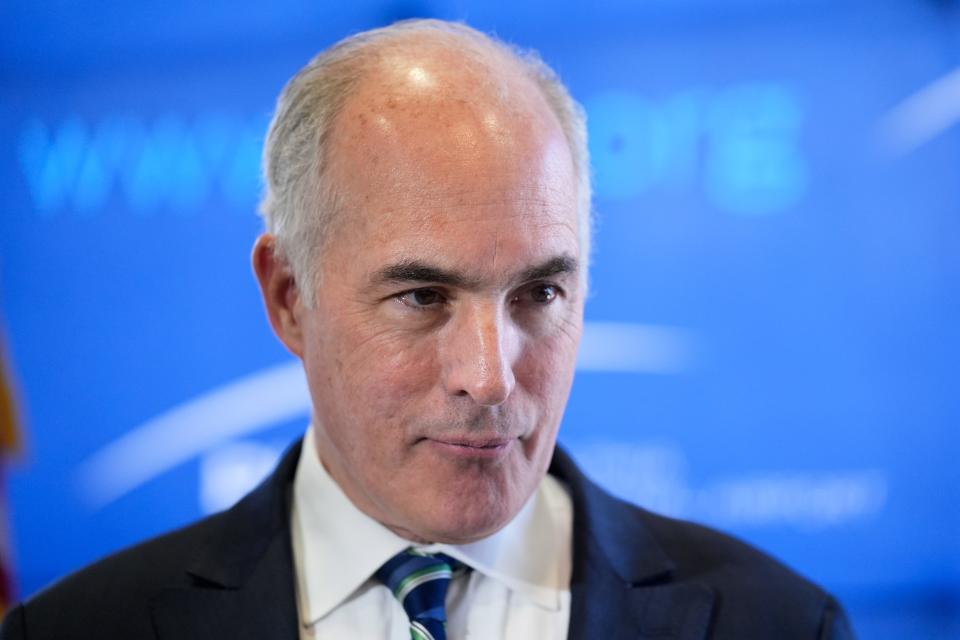 Sen. Bob Casey, D-Pa., at Philadelphia International Airport in Philadelphia, Friday, Feb. 16, 2024.